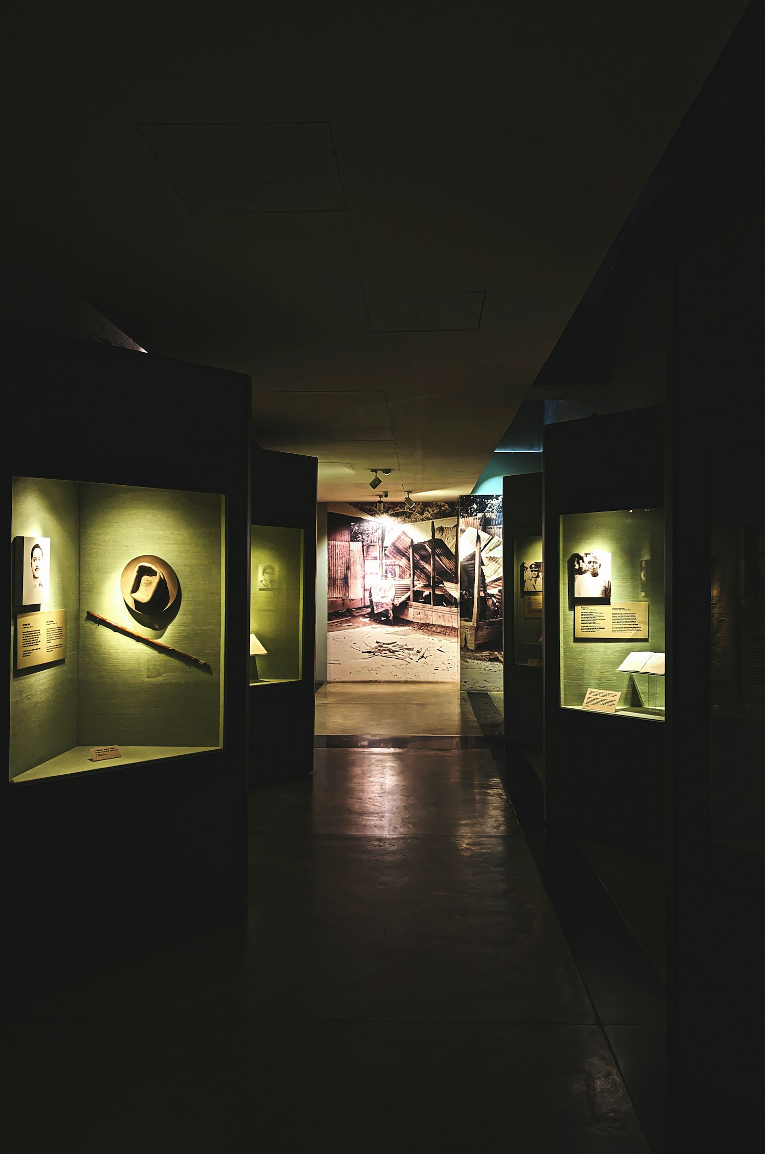Inside the museum with historic display cases